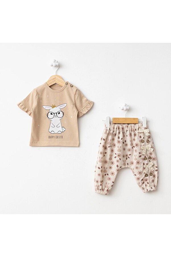 Baby Fou Çicek Baskı Pantolonlu Takım Kahverengi