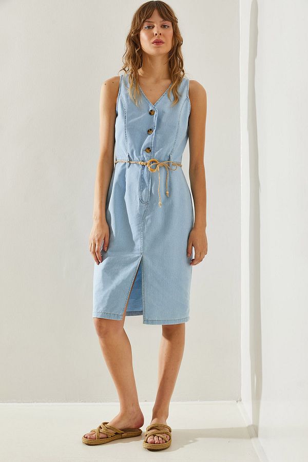 Bianco Lucci-Rochie de damă din denim subțire cu decolteu în V - 60251264 1
