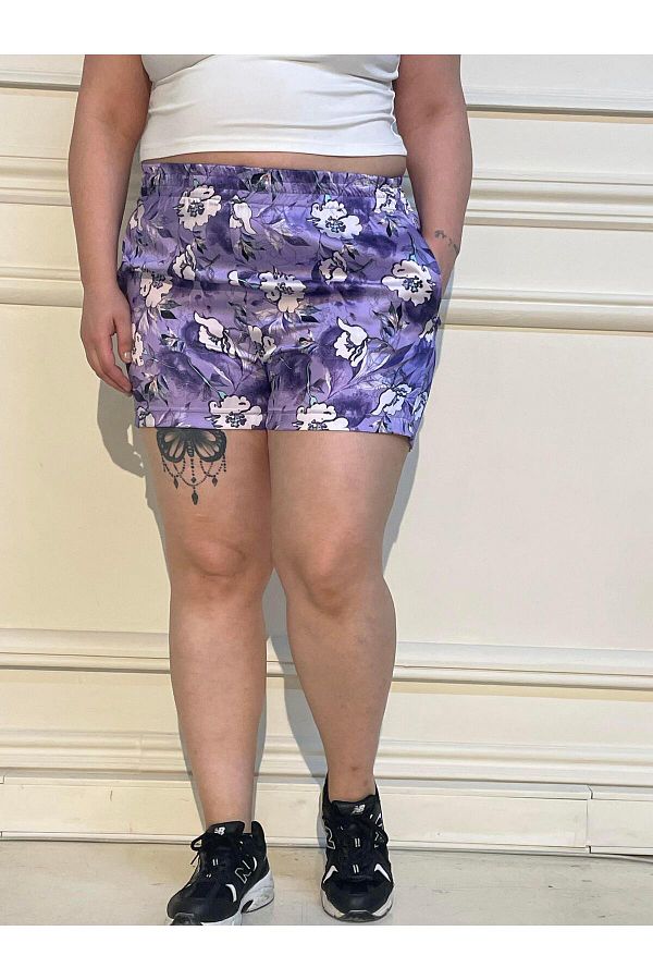 DISENTIS MODEST-Purple Satin Flower Pattern - Large Size Shorts with Elastic Waist and Side Pockets 1