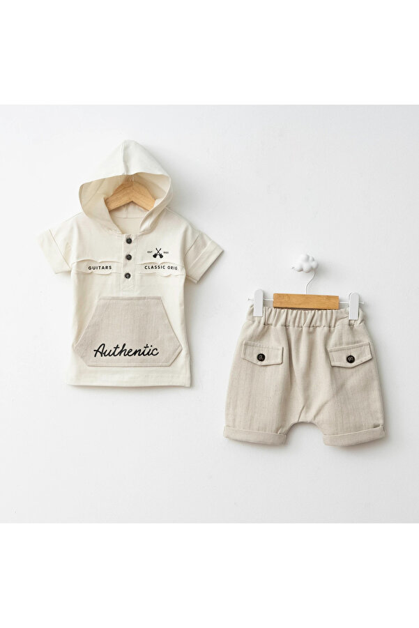 Baby Fou Balıksırtı Kapüşonlu Tşhirt Şort Takım Bej