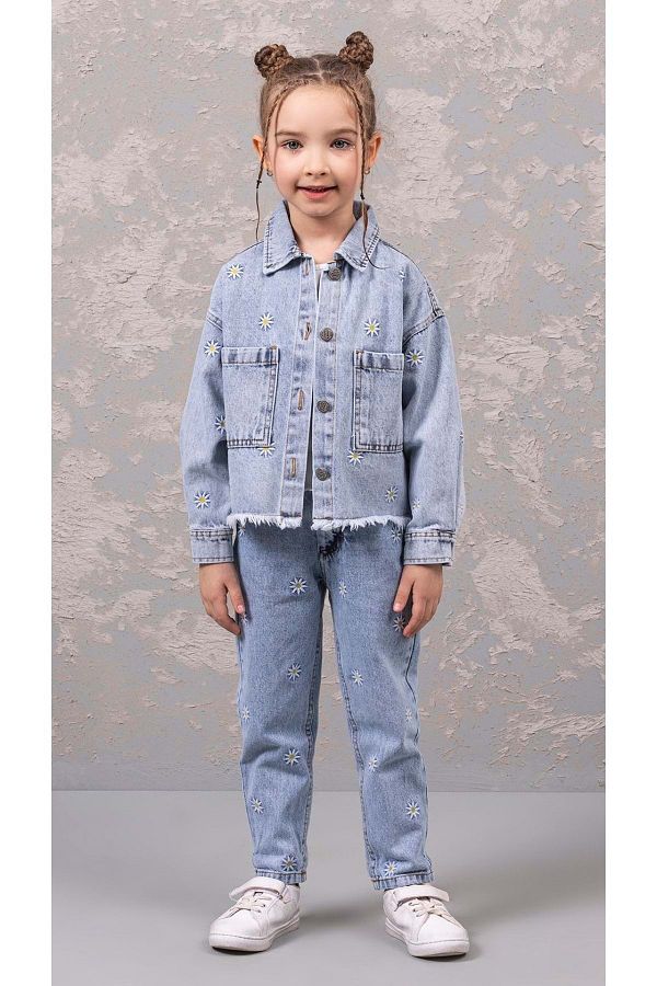 Hopi Kids Blue Girl s Denim Jacket Daisy Embroidered and Fringed Age 7 8 Trendyol