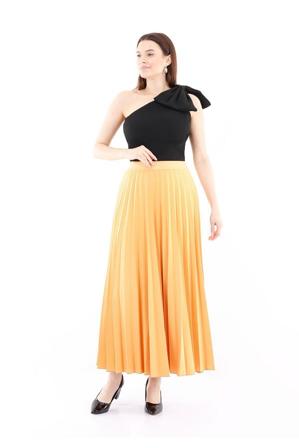 G Line Mustard Color Maxi Pleated Skirt with Elastic Waist Trendyol