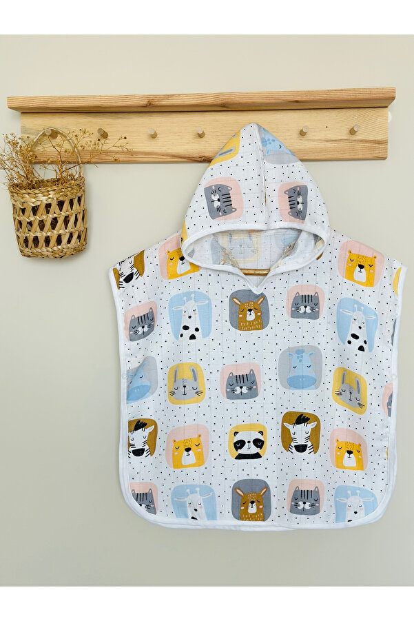 JUNİPERUS Organik %100 Pamuk Müslin Kapşonlu Plaj Çocuk Bebek Panço Bornoz Banyo Havlu 9 Yaşa Kadar