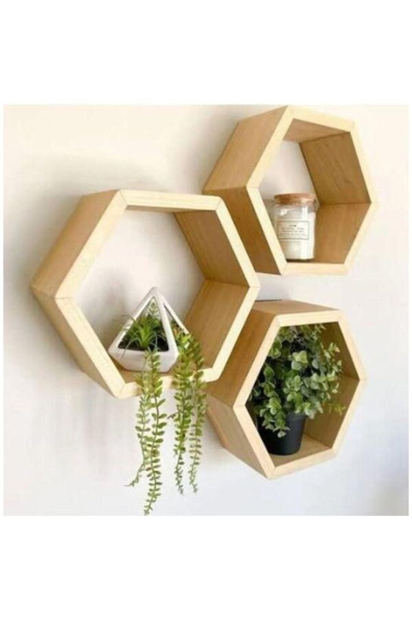 Ahtek-Natural Wooden Hexagonal (Honeycomb) Wall Shelf Set of 3 1