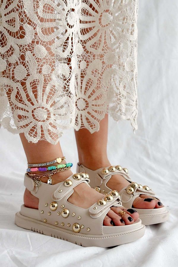 McDark-Beige Colored Paris Studded Women's Sandals 1