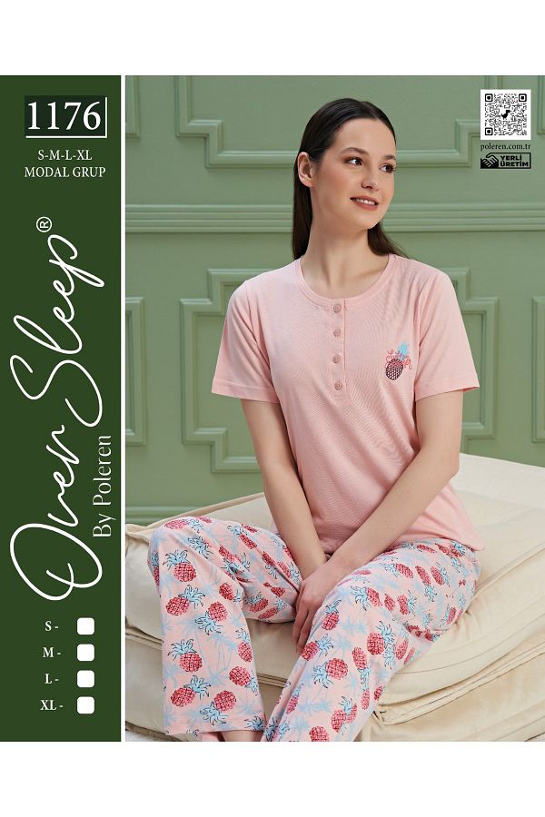Over Sleep by Poleren OVER SLEEP Pink K.Sleeve Pajama Set Trendyol