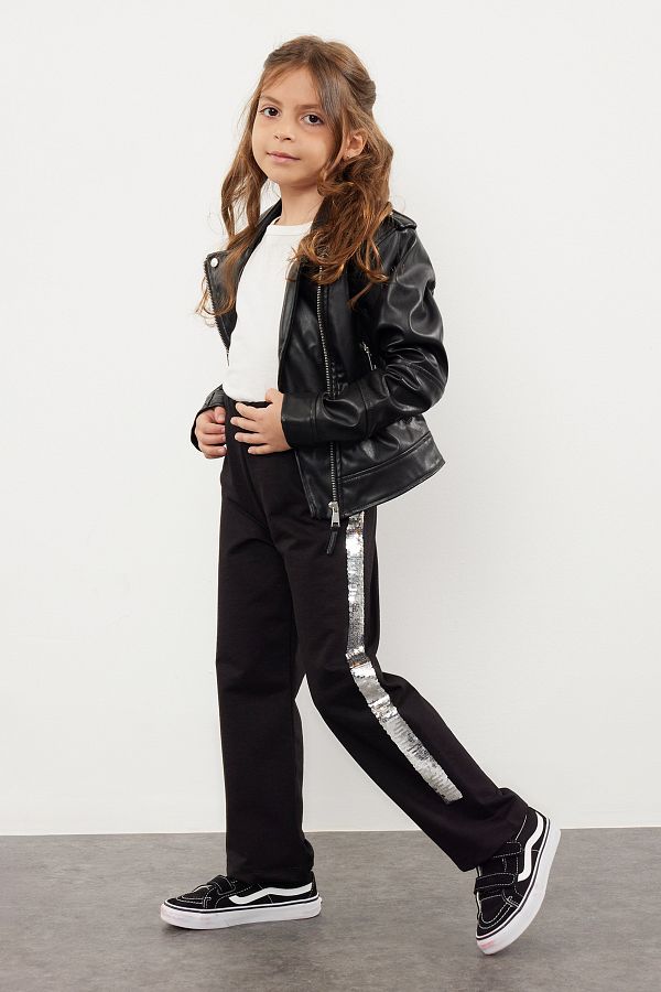 TRENDYOLKIDS-Dziewczęce czarne legginsy z szerokimi nogawkami - haftowane cekiny, dzianina bawełniana Tkdss24Ta00006 1