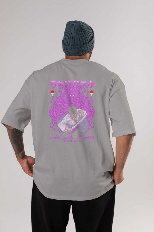 Ankhises-SASUKE UCHIHA NARUTO Tricou cu imprimeu spate gri Oversize 100% bumbac Bărbați Femei 1