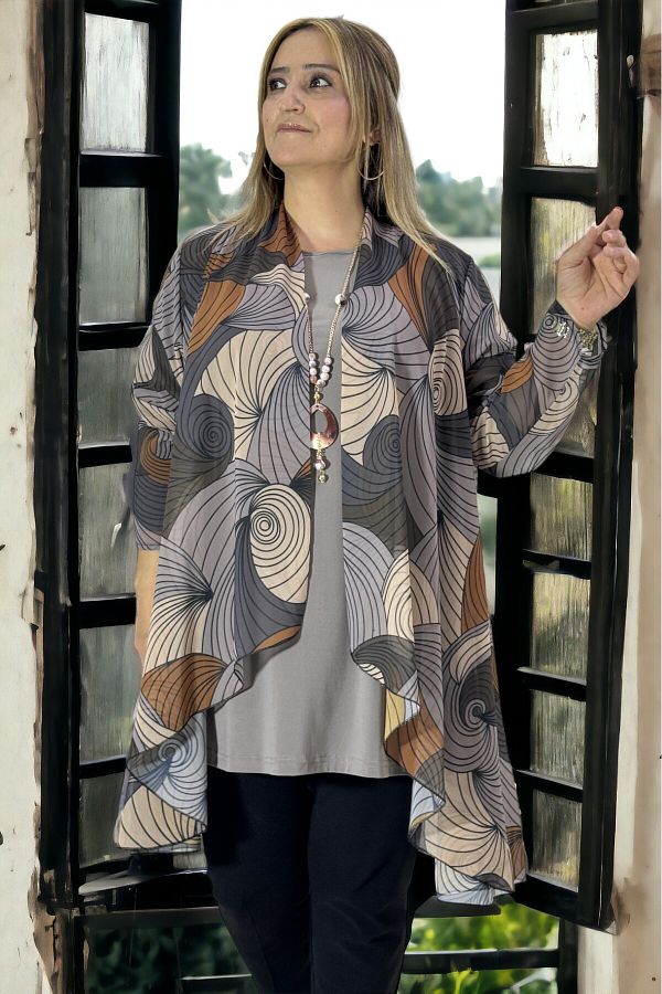 yagmurberen-Ebru Patterned Buzzzy Kumashed Chiffon Jacket and Blouse - Buzy Fabric, Unlined, Plus Size 2-Piece Set 1