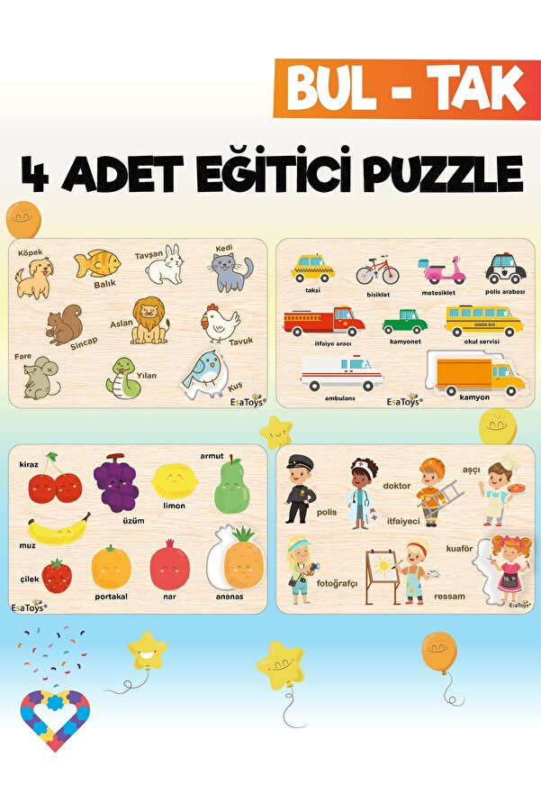 esatoys Ahşap Çocuk Puzzle Hayvanlar Taşıtlar Meslekler Ve Meyveler 4 Adet Puzzle