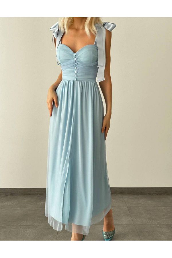 2024-25 秋冬新作  DERİNBOUTIQUE Women's Long Dress with Shoulder Ribbon Tie ワンピース