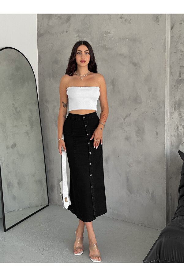 OXEDCO Black Lycra Maxi Denim Skirt Women's Buttoned Front- Trendyol