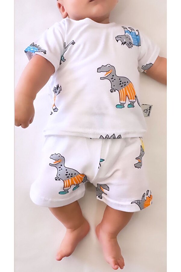 Drop Kids Bebek Pijama Takımı Kısakol Şort Dinazor Desen %100 Pamuk Yenidoğam