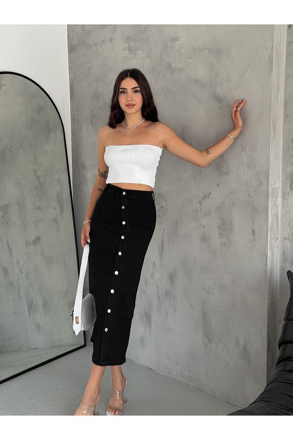 OXEDCO Black Lycra Maxi Denim Skirt Women s Buttoned Front Trendyol