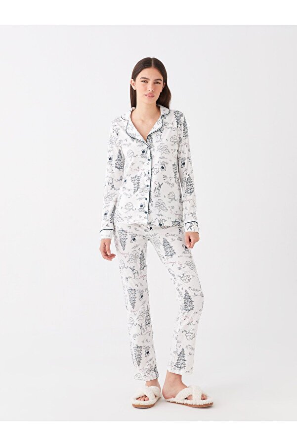 LC Waikiki Shirt Collar New Year Themed Long Sleeve Women's Pajama