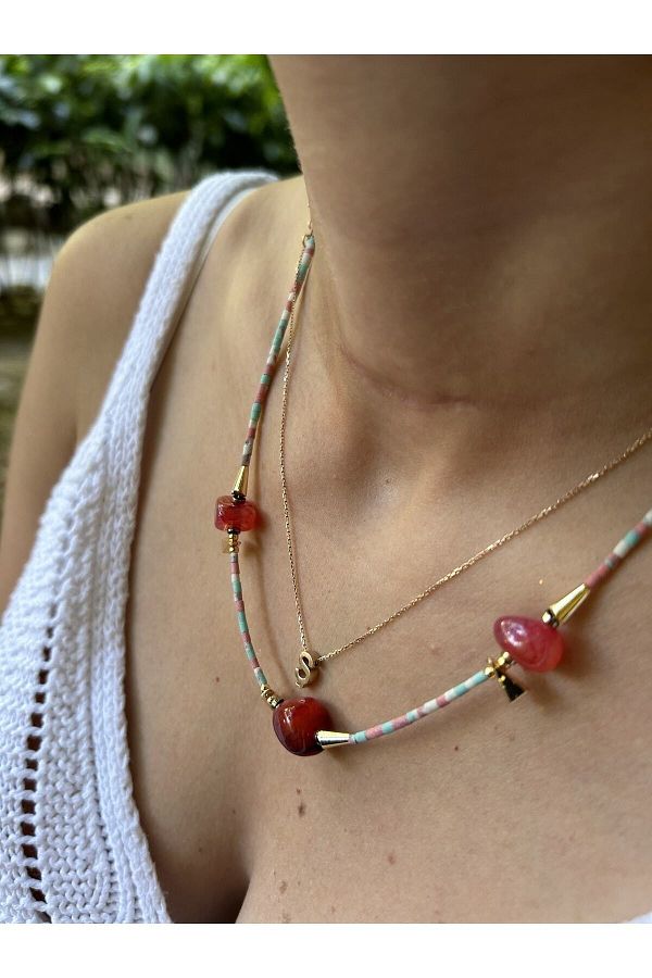 ByMerve Bym318 Red Burgundy Beaded Natural Stone Necklace The Meeting of Stylism and Naturality Trendyol