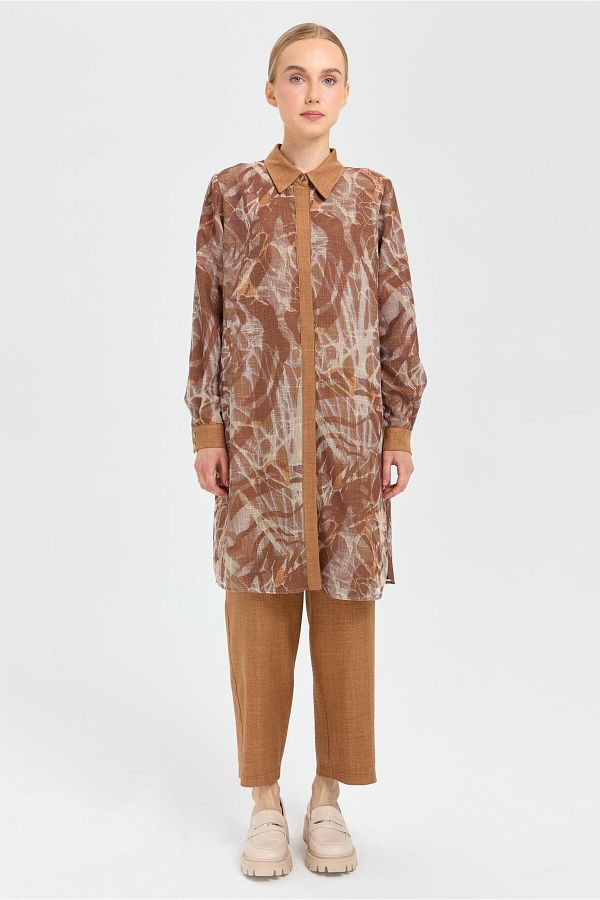 Esswaap-Camel Patterned Mesh Fabric Tunic and Trousers Set 1