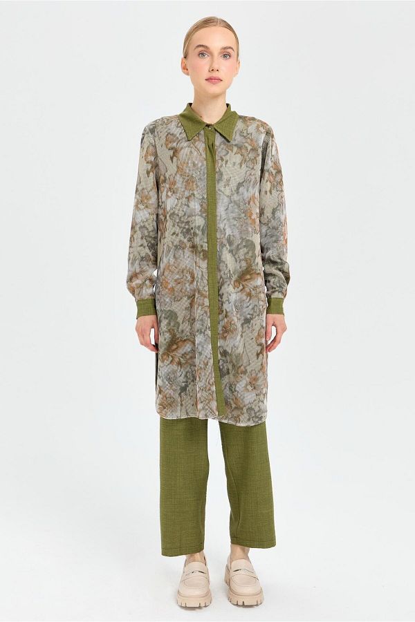 Esswaap-Khaki Color Patterned Mesh Fabric Tunic and Trousers Set 1