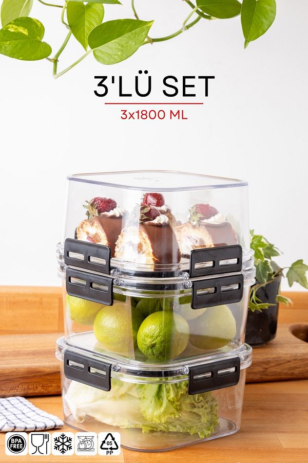 Nandy Home-1800ML Set of 3 Square Clear Storage Set with Lock Lid 1