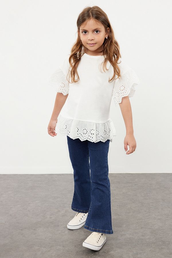 TRENDYOLKIDS-Ecru Girl's Brode réglée Insect Kırkpınarka Breton kırzkarası 100% bumbac tricou cu mânecă scurtă/blüt 1