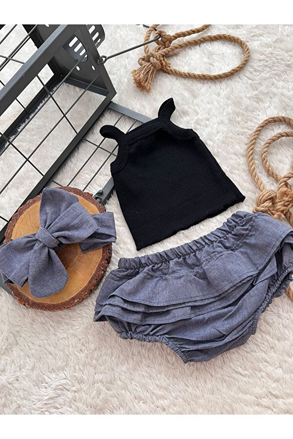 BAHNUR Bebek Siyah Crop Sort Ve Bandana Seti