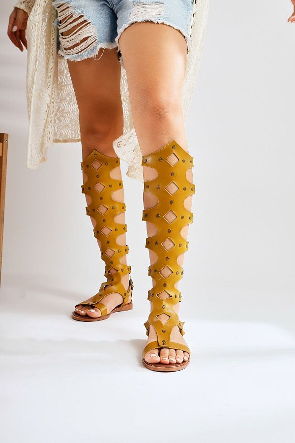Limoya Haixia Genuine Leather Mustard Gladiator Sandals Trendyol