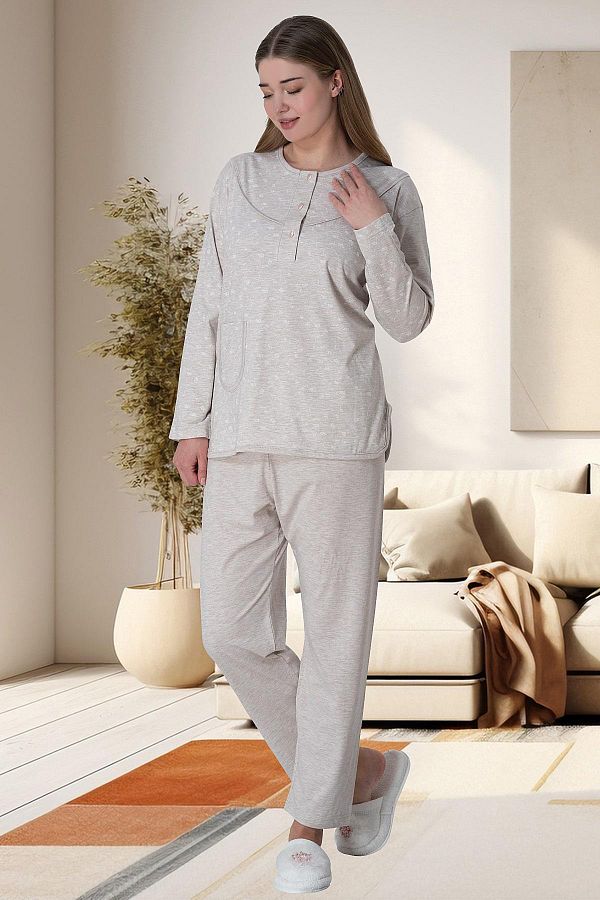 Lohussa-Mink Patterned Large Size Cotton Combed Pajamas Set - Long Sleeve and Buttoned 1
