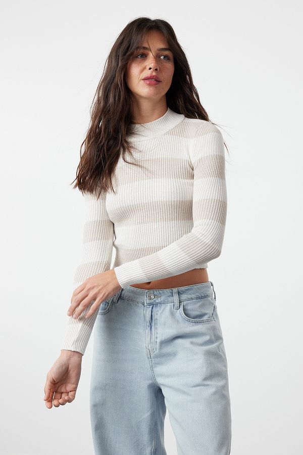 Trendyol Collection-Cotton Ecru Crop Couple Knitwear Sweater - Color Block, Twoaw20Kz0255 1