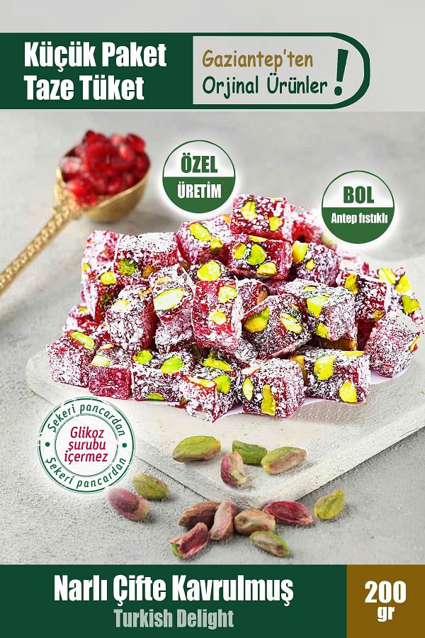 Gaziantep Baharat-Double Roasted Pomegranate Turkish Delight with Plenty of Pistachios - Guaranteed 200 Gr Flavor 1
