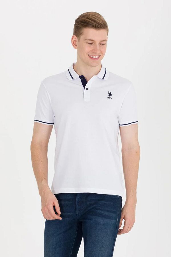 U.S. Polo Assn.-تي شيرت أبيض بياقة بولو بقصة ضيقة للرجال 1