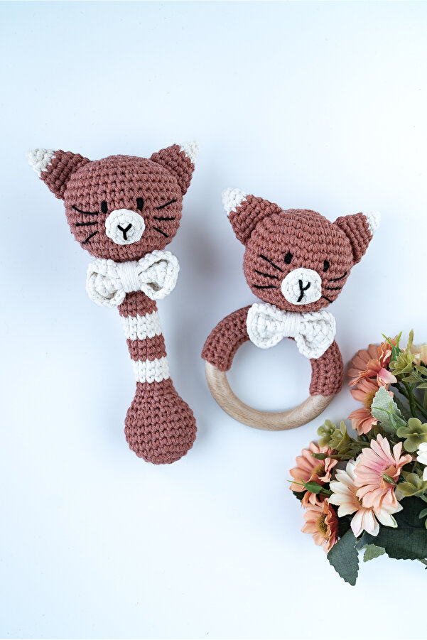 flamintoy Kedi Mia Dişlik Diş Kaşıyıcı Çıngırak Amigurumi Örgü Oyuncak Yenidoğan Bebek Hediyesi