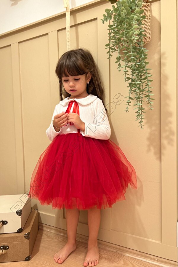 penu baby kids Red Ribbon Baby Collar Long Sleeve Baby Girl Dress