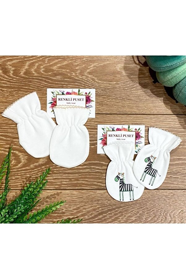 Renkli Puset 2'li Organik Pamuk Bebek Eldiven Takım Zebra