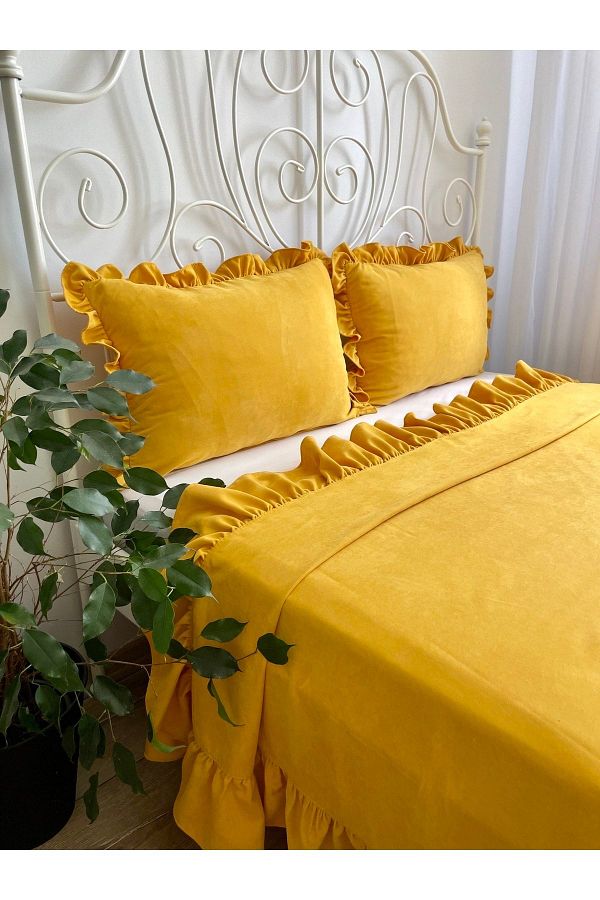 Decamor home-طقم مفرش سرير أصفر خردل مكشكش مزدوج 1