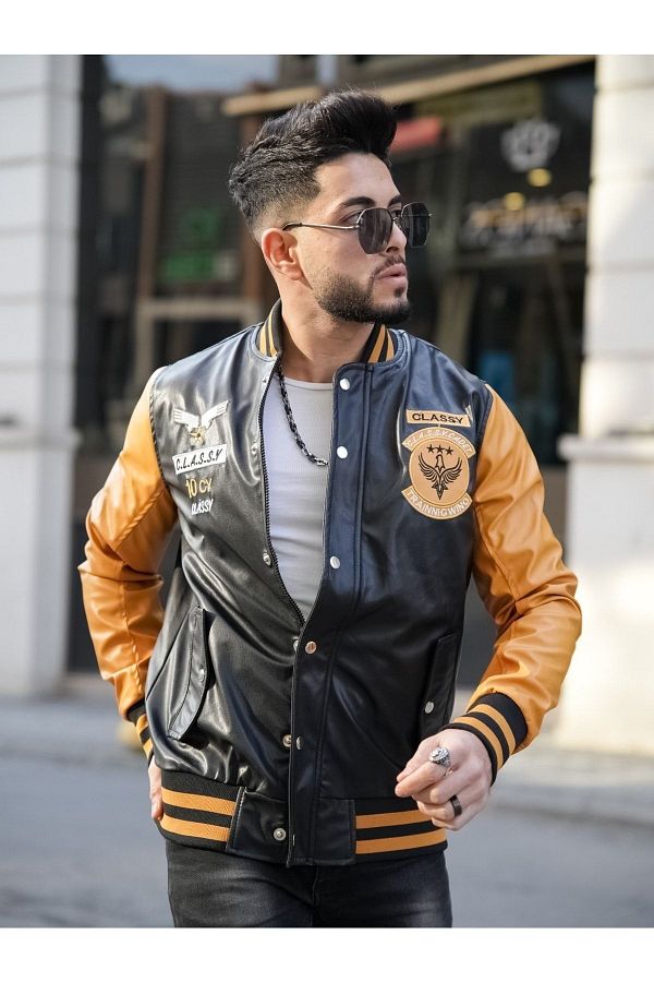 CLASSY.MODA Men s Leather Jacket Zippered Embroidered High Quality Trendyol