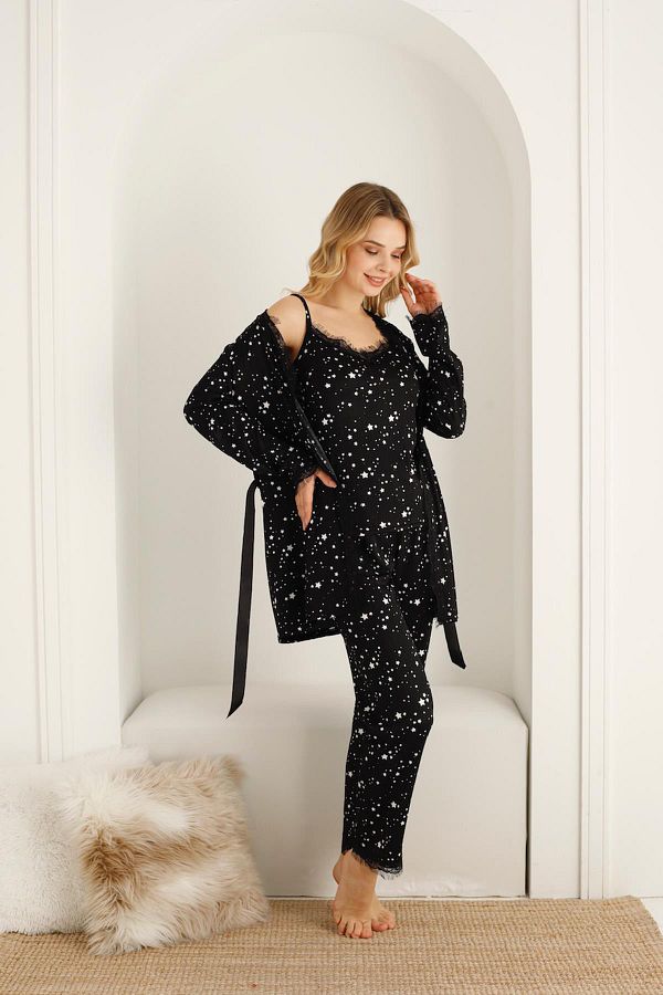 SEBOTEKS-Star Patterned Guipure Dressing Gown Rope Strap Pajamas Set - Set of 3 20344 1
