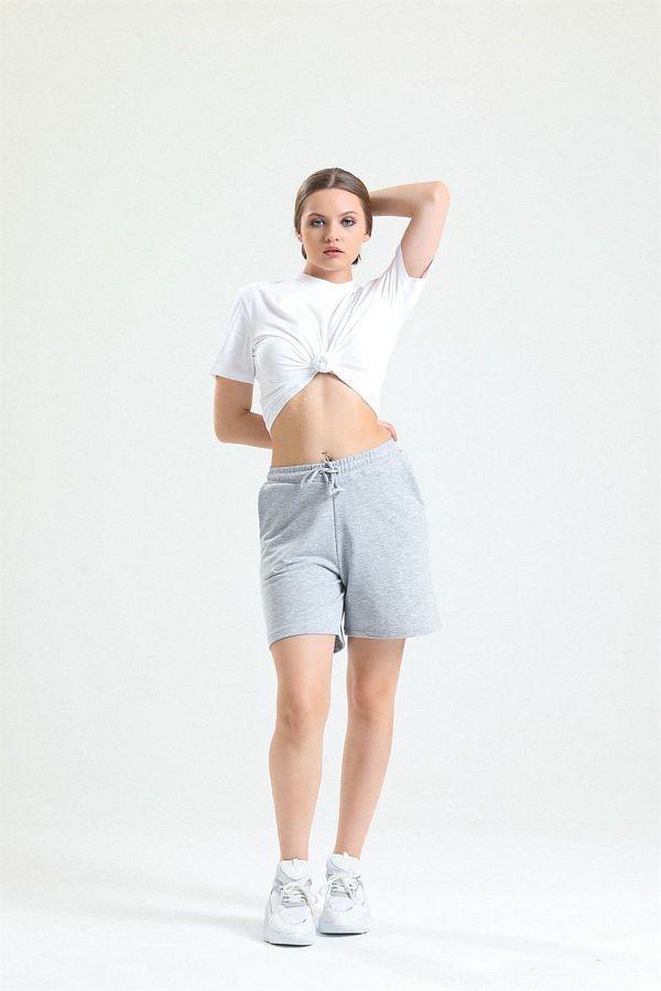 pulur Gray Melange High Waist Cotton Basic Comfortable Sweat Shorts Trendyol