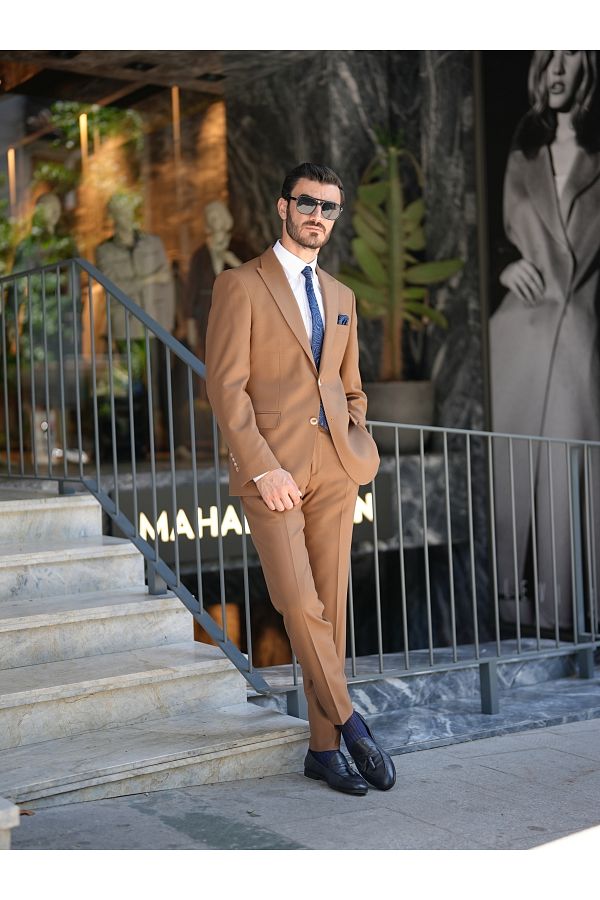 LONATOL A Premium Men s SlimFitItalian Style Point Stitching Half Lined Suit Jacket Trousers Camel Trendyol