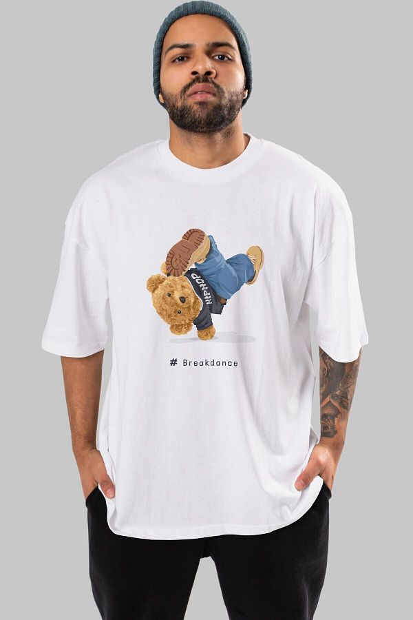 Ankhises Teddy Bear Breakdance Front Printed White Oversize T shirt Men s Women s Crew Neck Trendyol