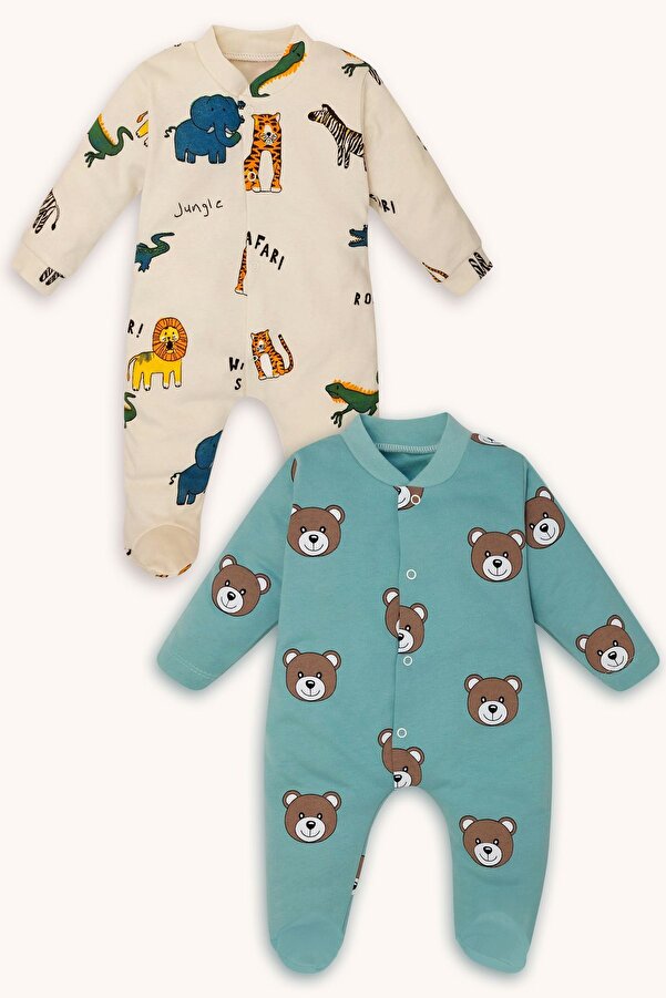 bebizu Kendinden Patikli Ayıcık Ve Safari Desenli 2li Tulum