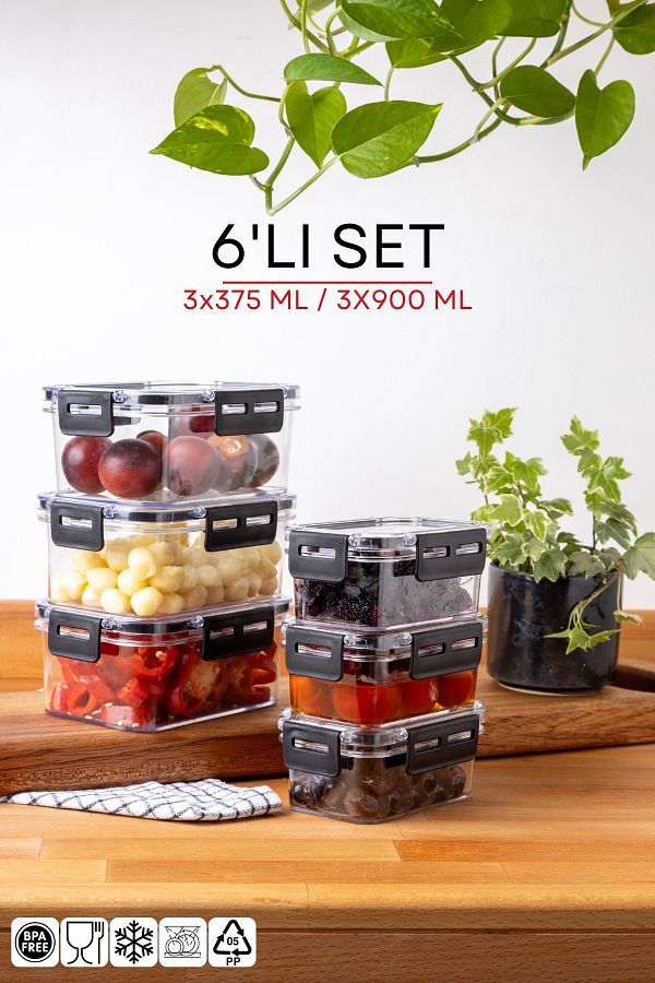 Nandy Home-Set of 6 - Rectangular Clear Storage Container with Lock Lid 375-900ML 1