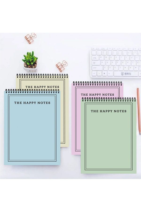AKILLICA-Set of 4 Unlined Notebooks 13 X 20 cm 50 Sheets Cardboard Cover Top Spiral Notebook Notebook Happy 1