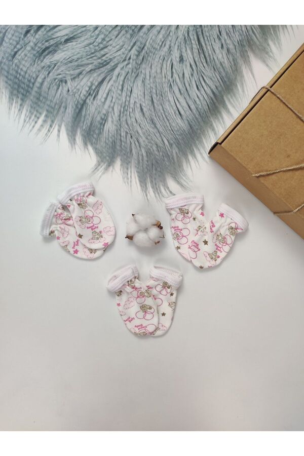 OMY Ayıcıklı 3'lü Desenli Yenidoğan Eldiven Pamuklu Kız Erkek Bebek Eldiven