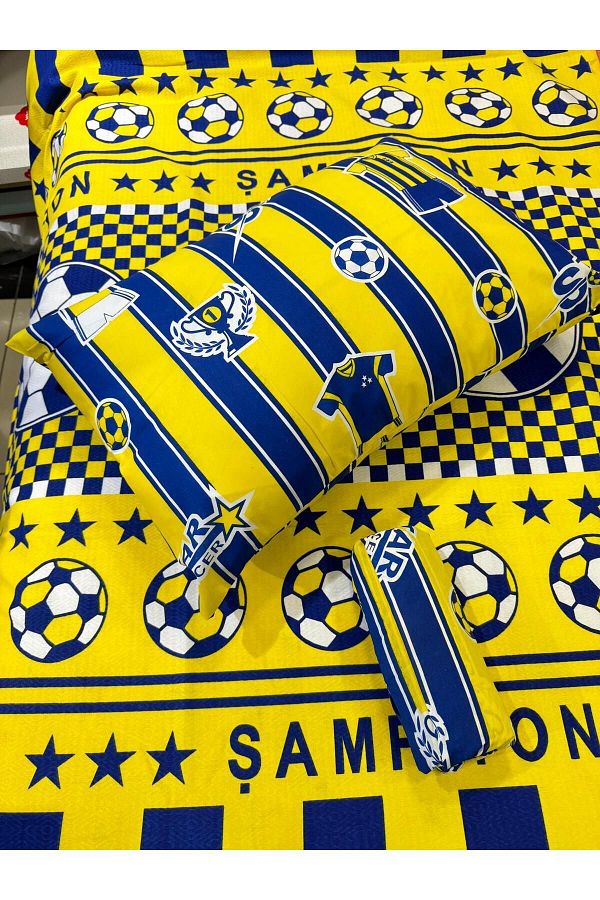 ŞENER HOME-Single Elastic Pique Set - Yellow-Navy Blue Fan Patterned Sheet 1