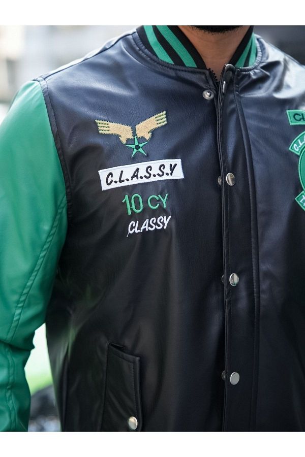 CLASSY.MODA Men s Leather Jacket Zippered Embroidered High Quality Trendyol