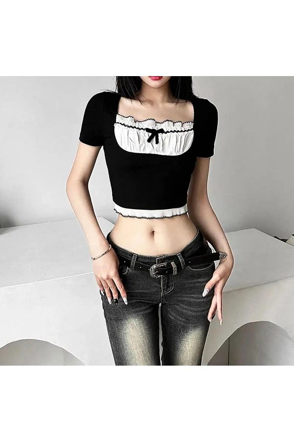 Touz Moda-Y2K Streetwear - Retro Crop Top, Drawstring Collar 1