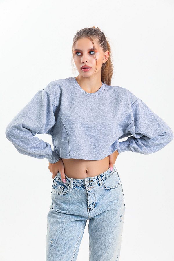 pulur.co-Gray Melange Oversize Crop Sweatshirt 1