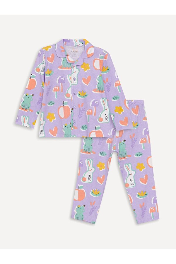 LC Waikiki Polo Collar Long Sleeve Patterned Baby Girl Pajama Set