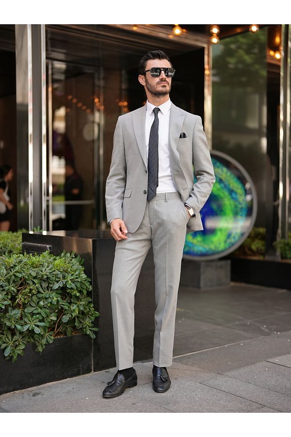 LONATOL A Premium Men s Slim Fit Italian Style Punto Stitched Half Lined Suit Jacket Trousers Grey Trendyol