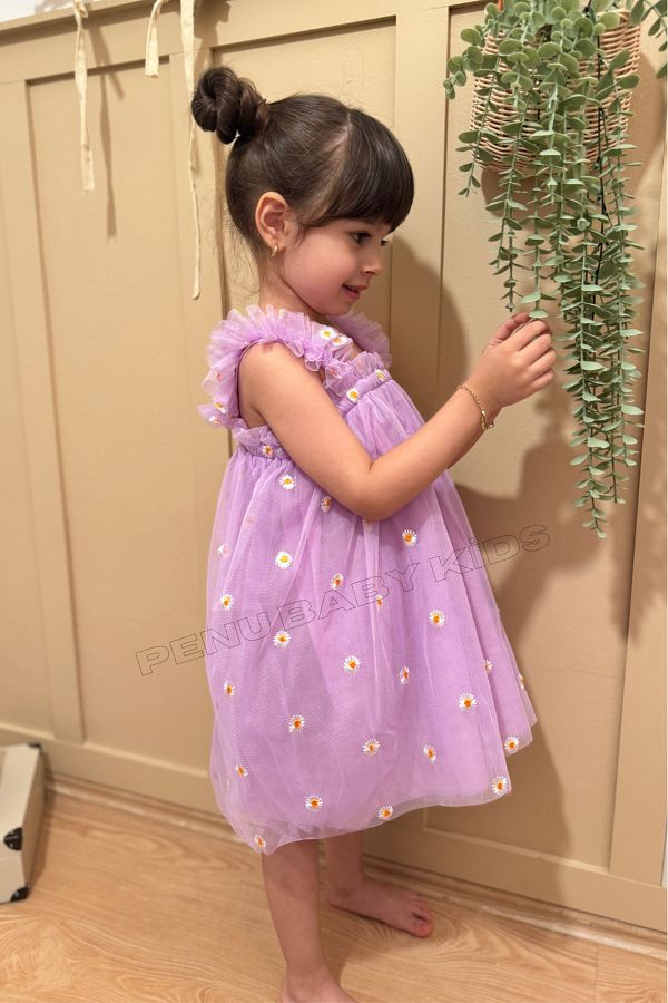 penu baby kids Lilac Daisy Embroidered Baby Girl Dress with Straps Trendyol